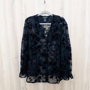 Virgo Velvet Burnout Sheer Ruffle Collar Long Sleeve Blouse 16 Black Whimsigoth